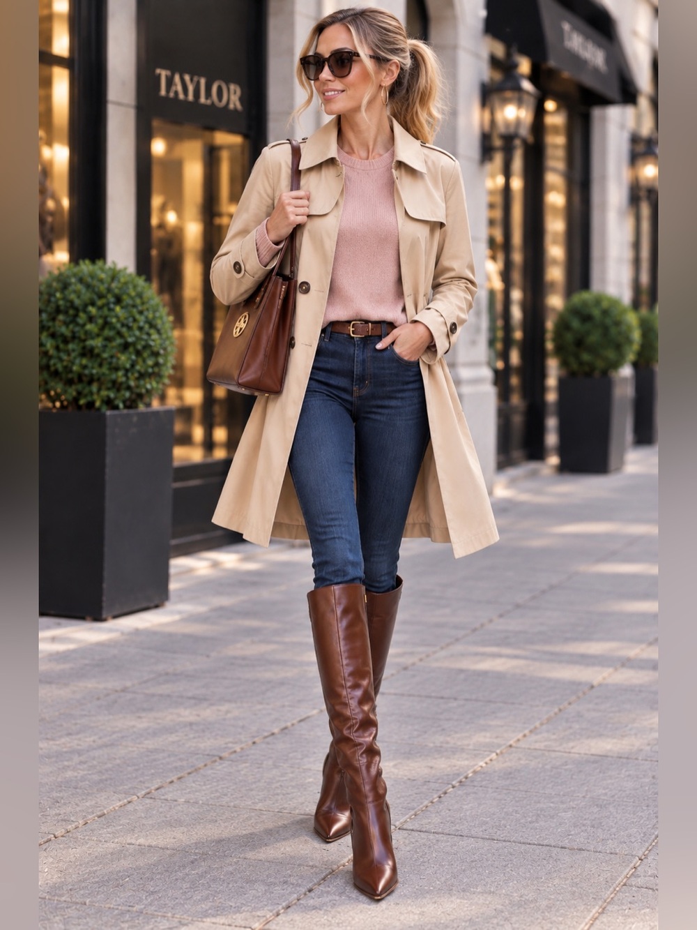Via Spiga Beige Trench Coat with Dark Brown Belt M
